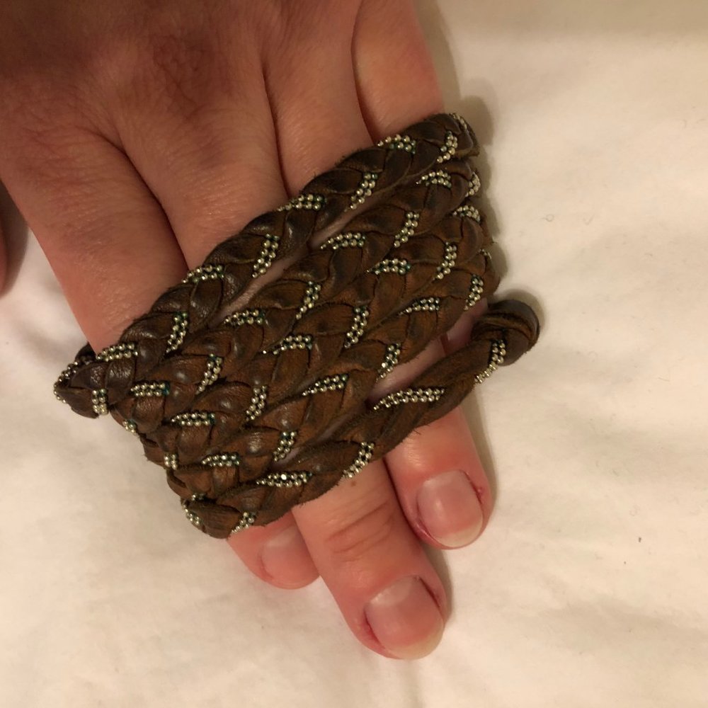 Y2K VTG Sogoli Brown Leather Braided Wrap Bracelet Necklace Gold Ball Chain Boho - Picture 14 of 16